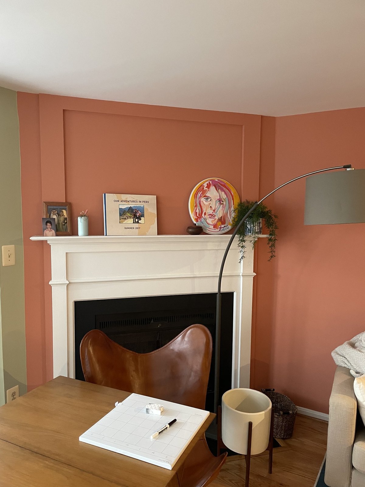 Living room accent wall painted in warm terracotta